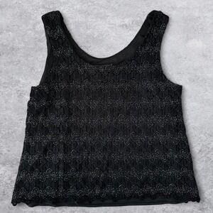 Dressbarn Black Silver Lace Sleeveless TankTop Scoop Neck Scalloped Lined Blouse